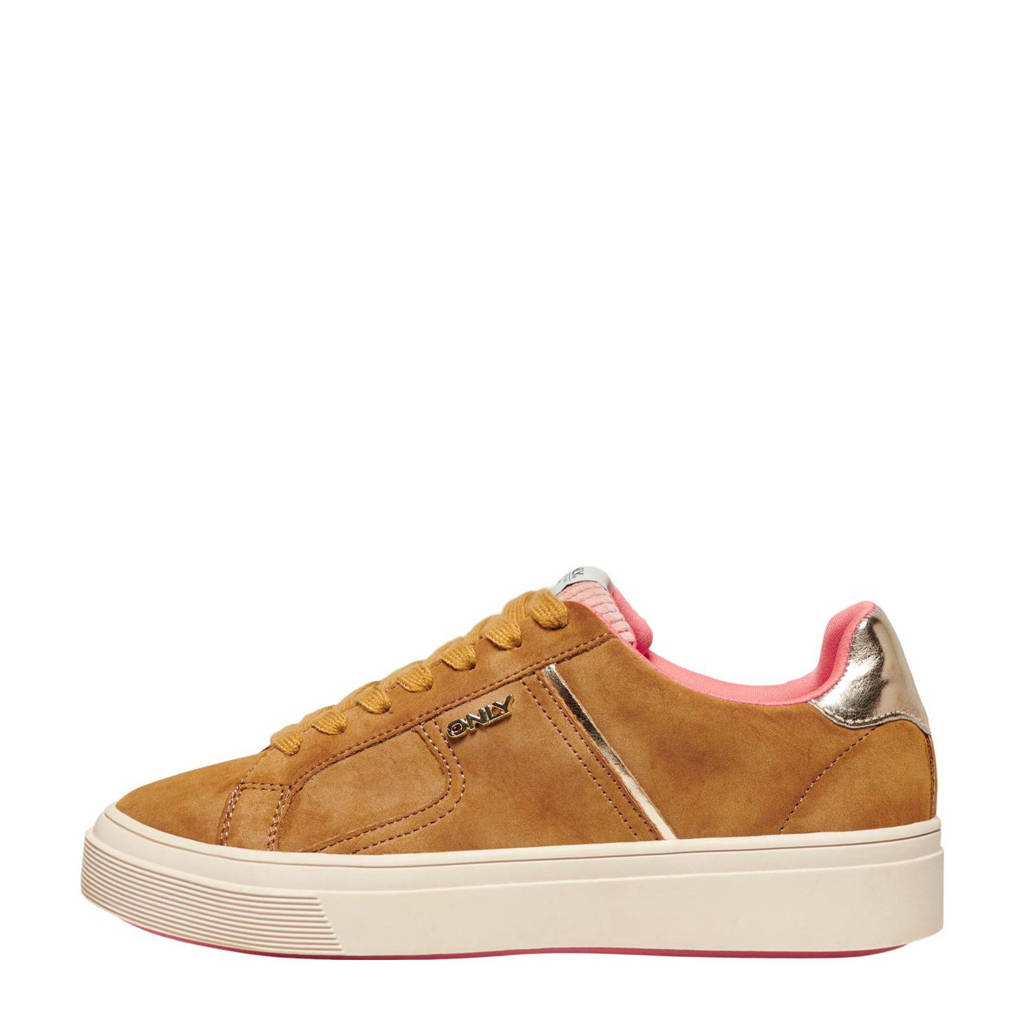 Bruin en okergele dames ONLY ONLSUBLIME-1 plateau sneakers van imitatieleer met veters