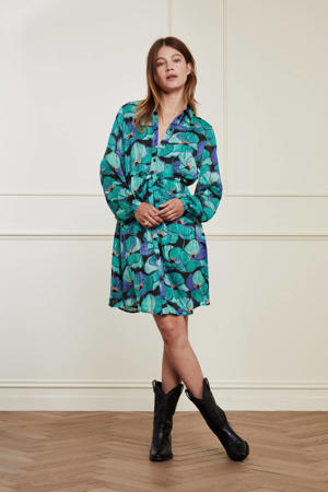 gebloemde semi-transparante blousejurk Frida Short Dress van gerecycled polyester turquoise