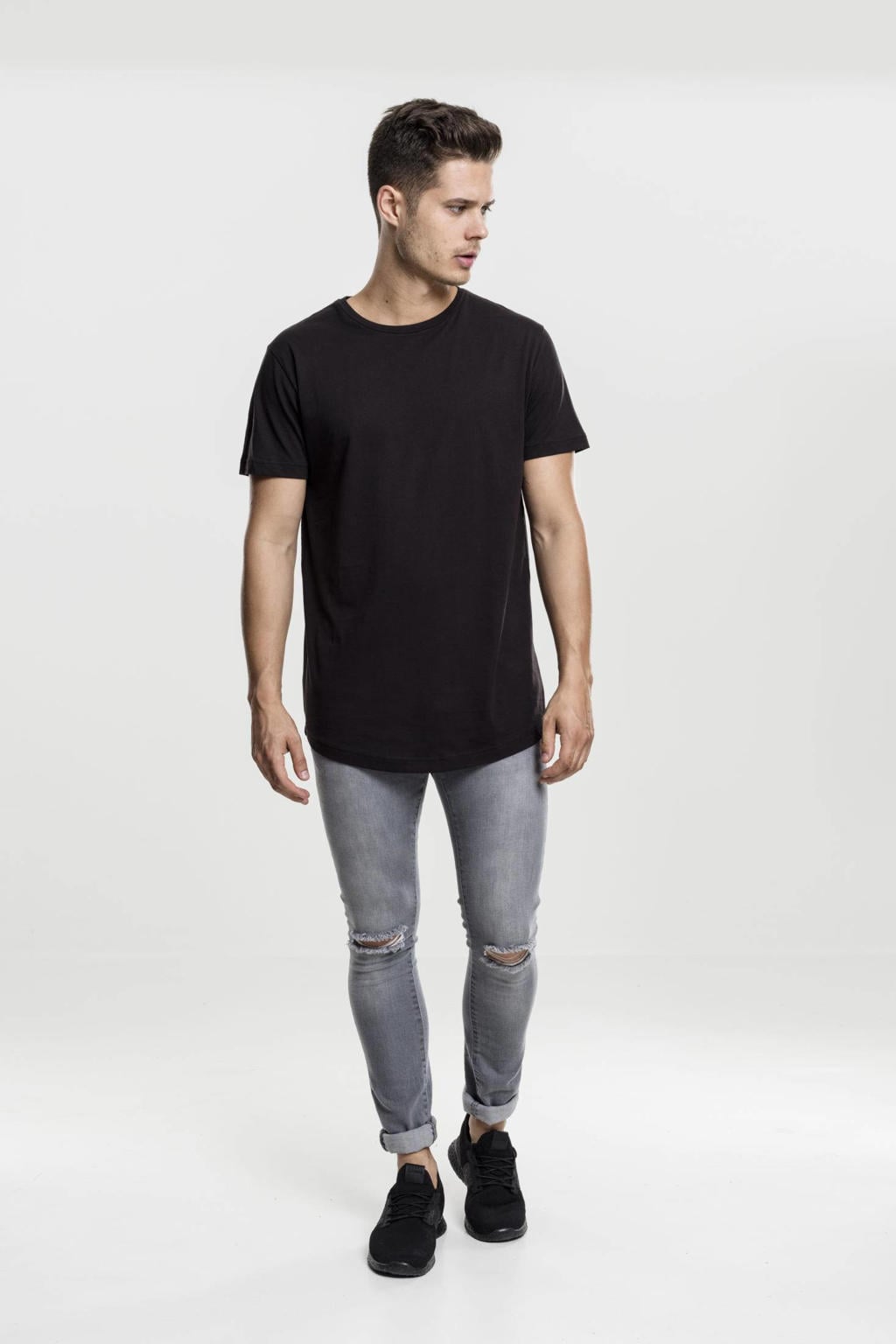Zwarte heren Urban Classics long-fit T-shirt van katoen met effen, korte mouwen en ronde hals
