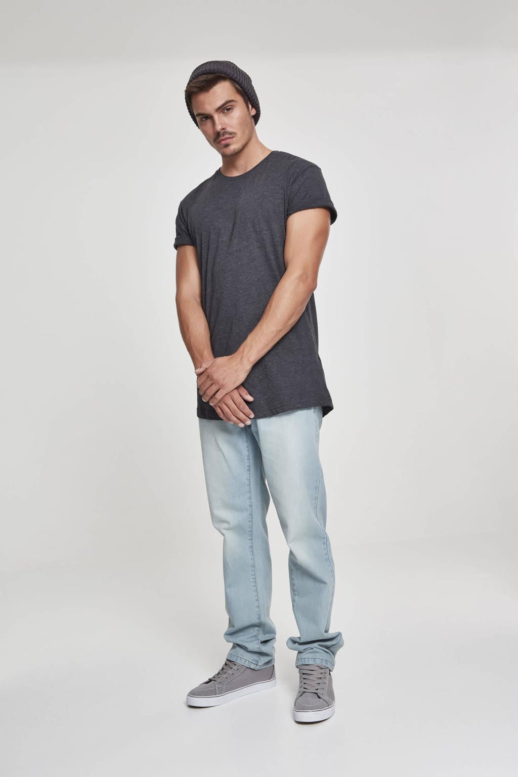 Grijze heren Urban Classics long-fit T-shirt van katoen met effen, korte mouwen en ronde hals