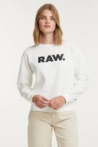 Ecru dames G-Star RAW sweater van gerecycled polyester met logo dessin, lange mouwen en ronde hals