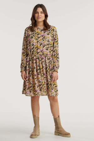 gebloemde semi-transparante jurk VMMINTI van gerecycled polyester lichtroze/zwart/okergeel
