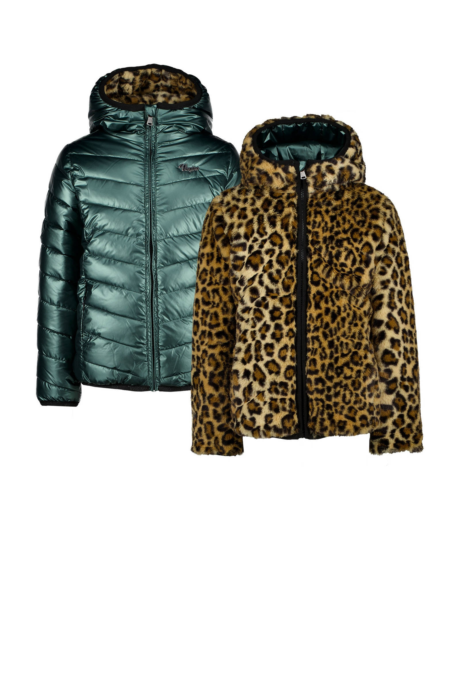 Vingino reversible imitatiebont winterjas Tirze met panterprint bruin/groen  | wehkamp