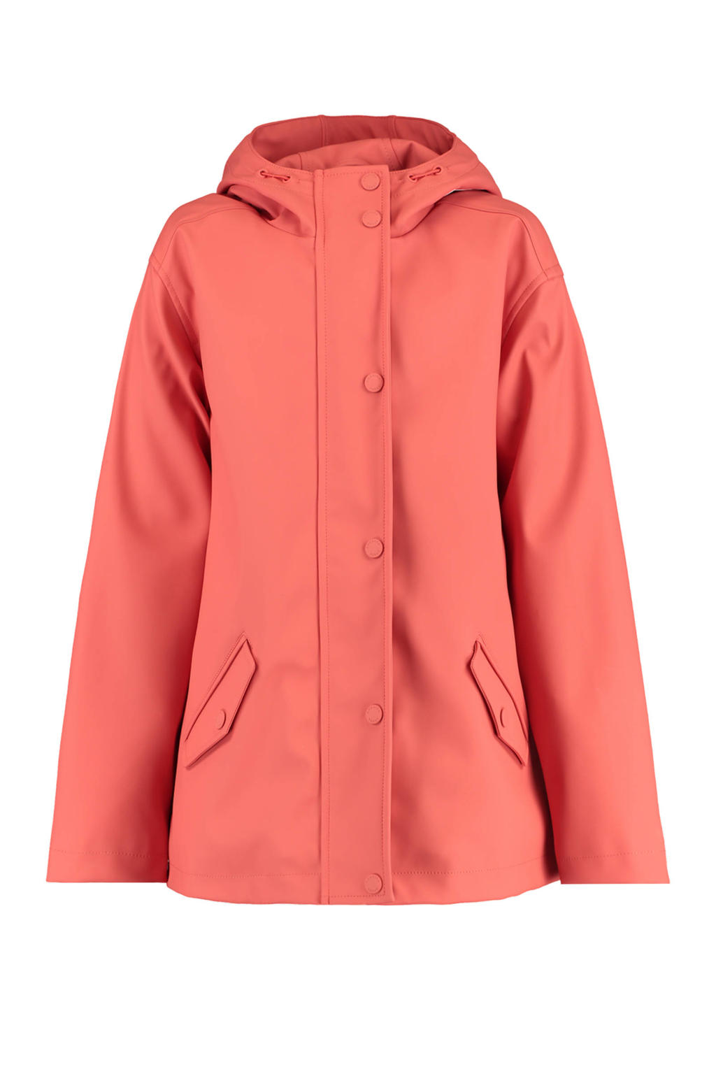 Koraalrode meisjes America Today Junior gevoerde regenjas van gerecycled polyester met lange mouwen, capuchon en rits- en drukknoopsluiting
