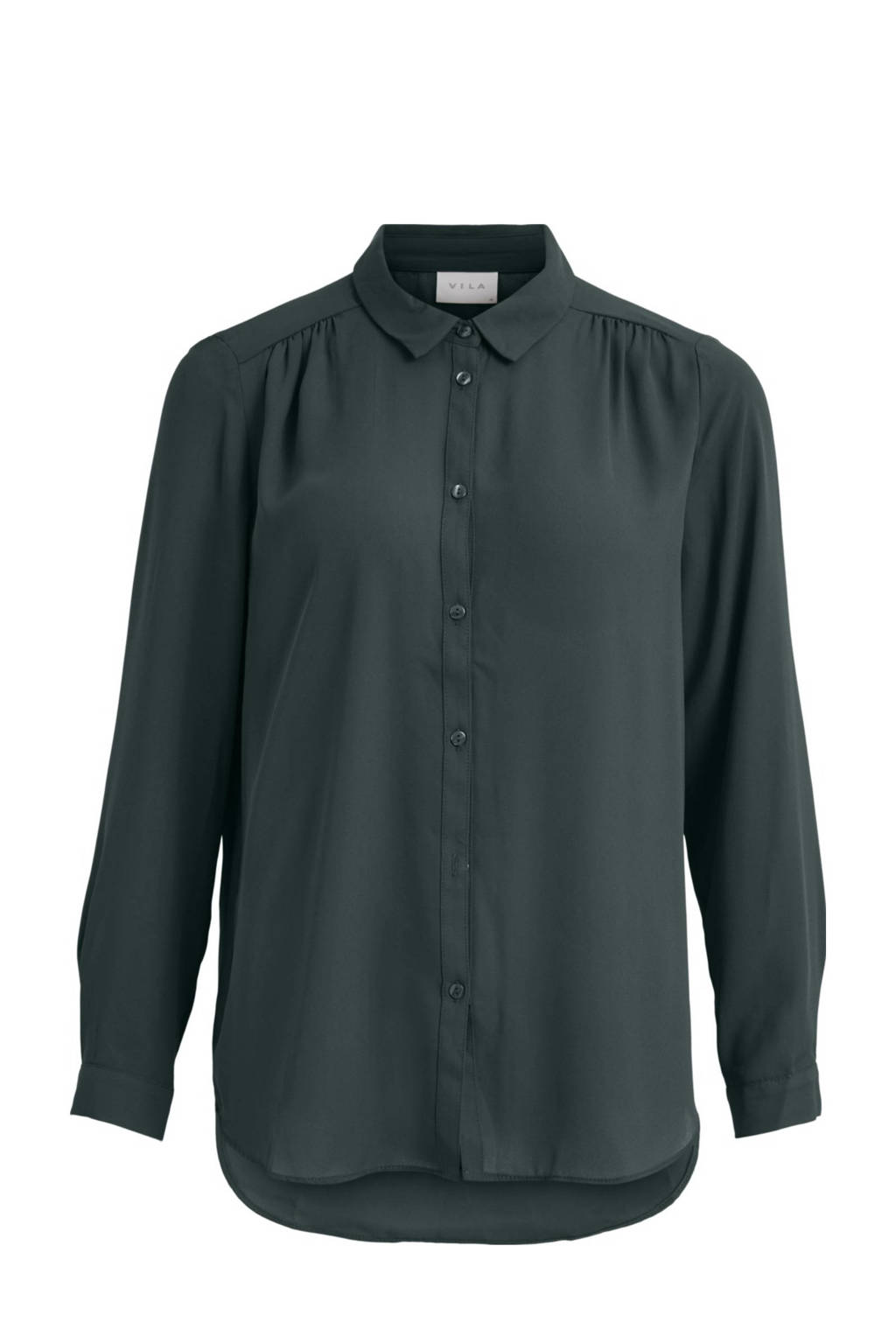 Grijsgroene dames VILA blouse van polyester met lange mouwen, klassieke kraag en knoopsluiting