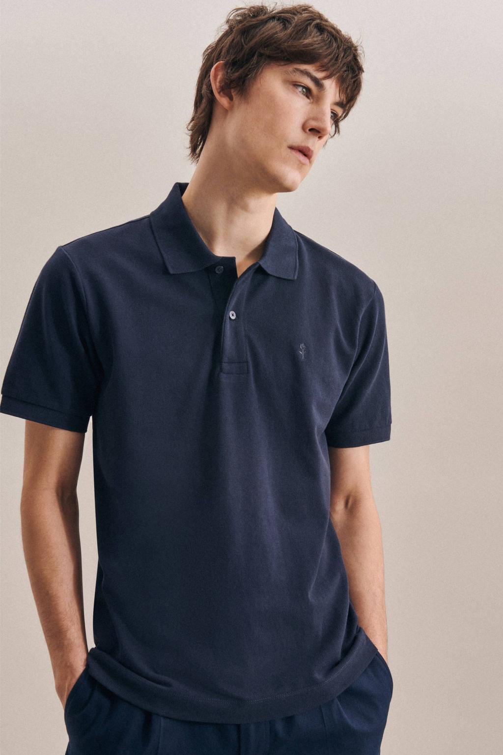 Donkerblauwe heren Seidensticker regular fit polo van katoen met korte mouwen, klassieke kraag en knoopsluiting
