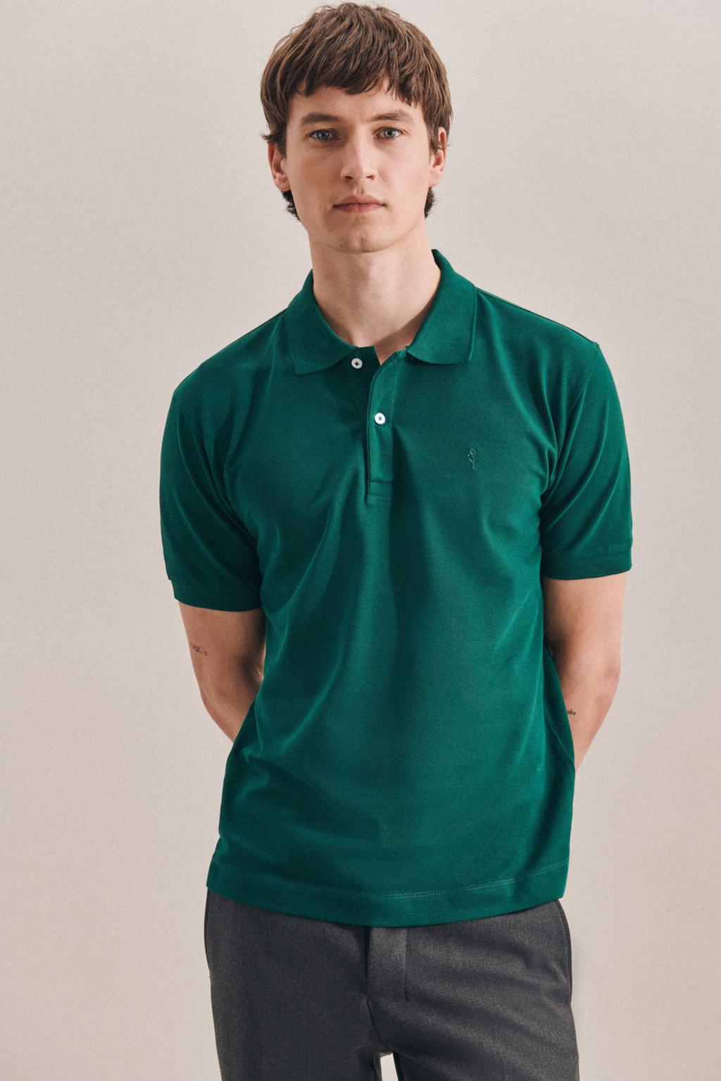 Groene heren Seidensticker regular fit polo van katoen met korte mouwen, klassieke kraag en knoopsluiting