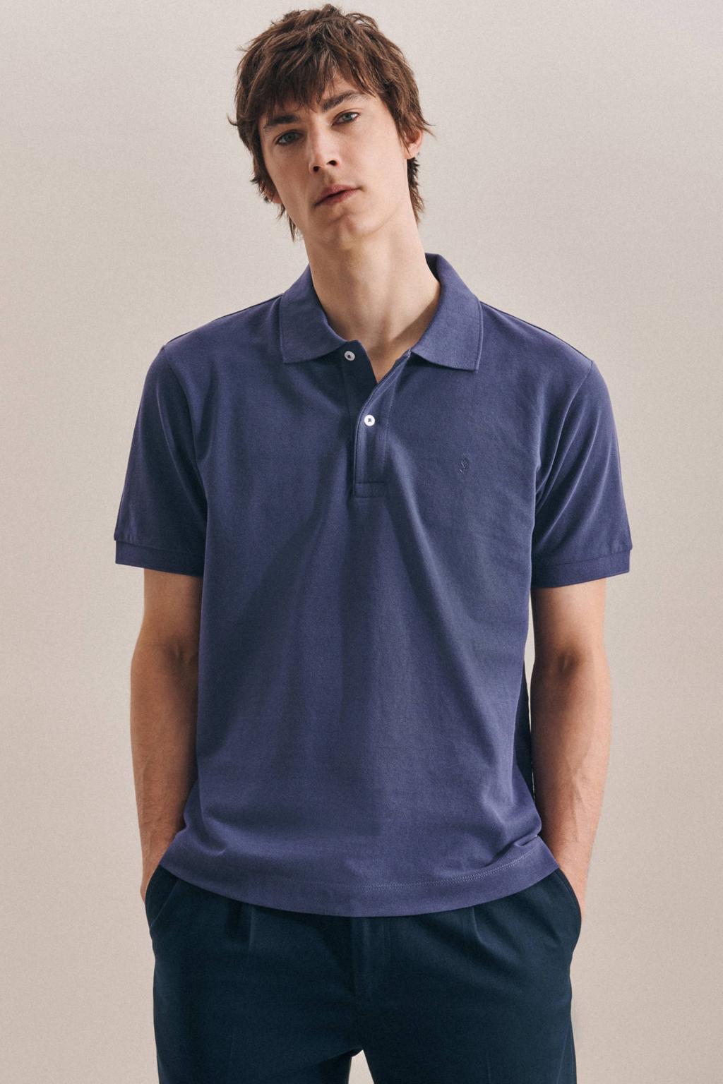 Blauwe heren Seidensticker slim fit polo van katoen met korte mouwen en klassieke kraag