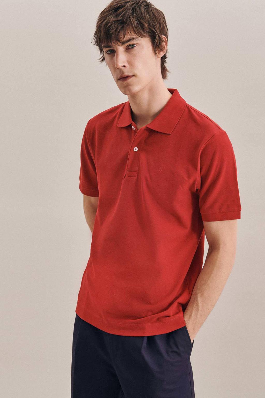 Rode heren Seidensticker slim fit polo van katoen met korte mouwen en klassieke kraag