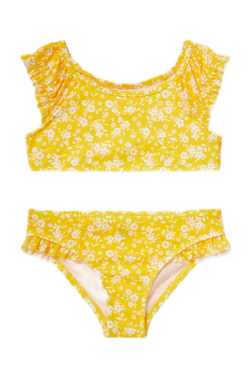 C&A Rodeo gebloemde crop bikini met ruches geel/wit, Geel/wit