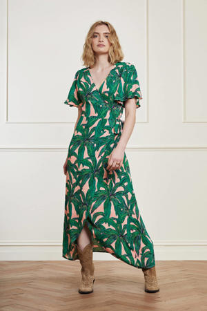 maxi wikkeljurk Archana Sleeve Dress met bladprint roze/ groen