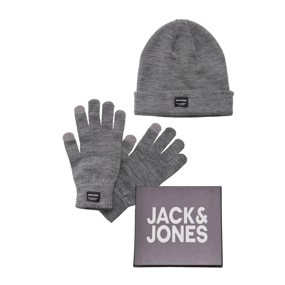JACK & JONES giftbox muts + handschoenen grijs melange