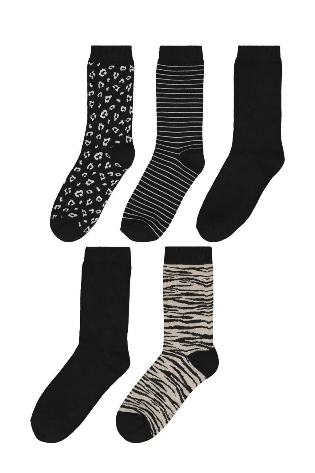 HEMA sokken - set van 5 zwart, Zwart/beige