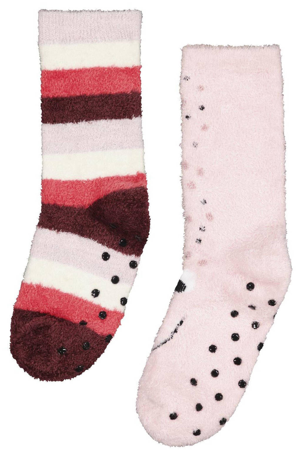 HEMA sokken met anti-slip nopjes - set van 2 roze, Roze/rood/wit