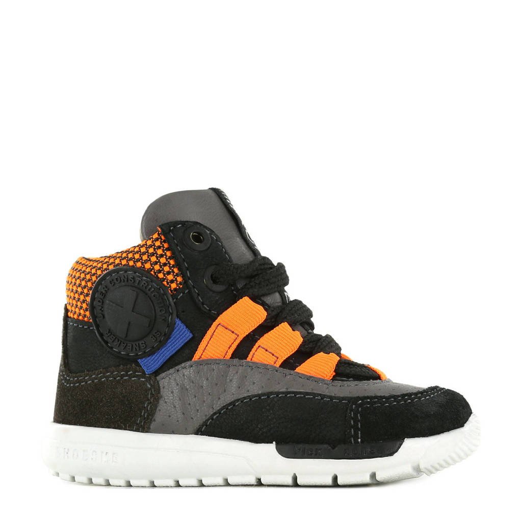 Zwart en oranje jongens Shoesme RF21W041-C hoge leren sneakers met veters