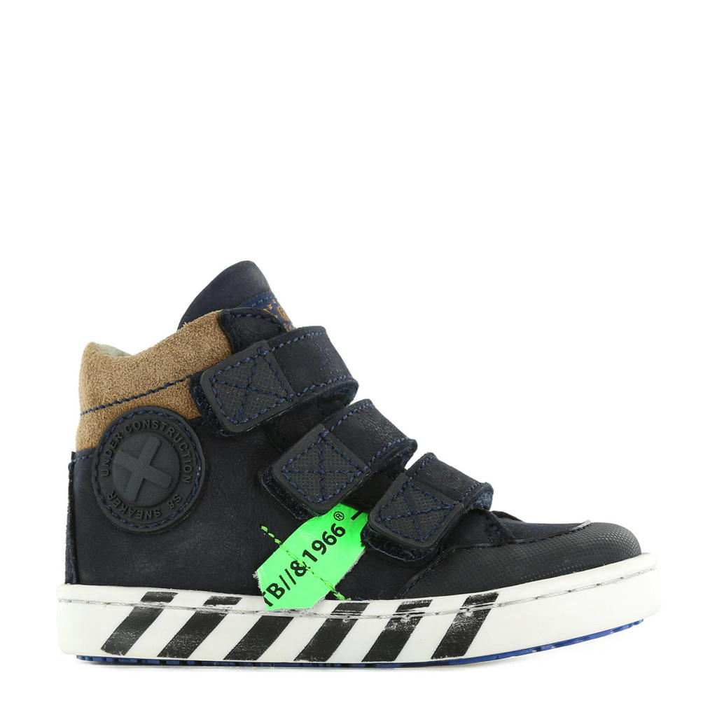 Donkerblauw en kakikleurige jongens Shoesme UR21W043-B hoge leren sneakers met klittenband