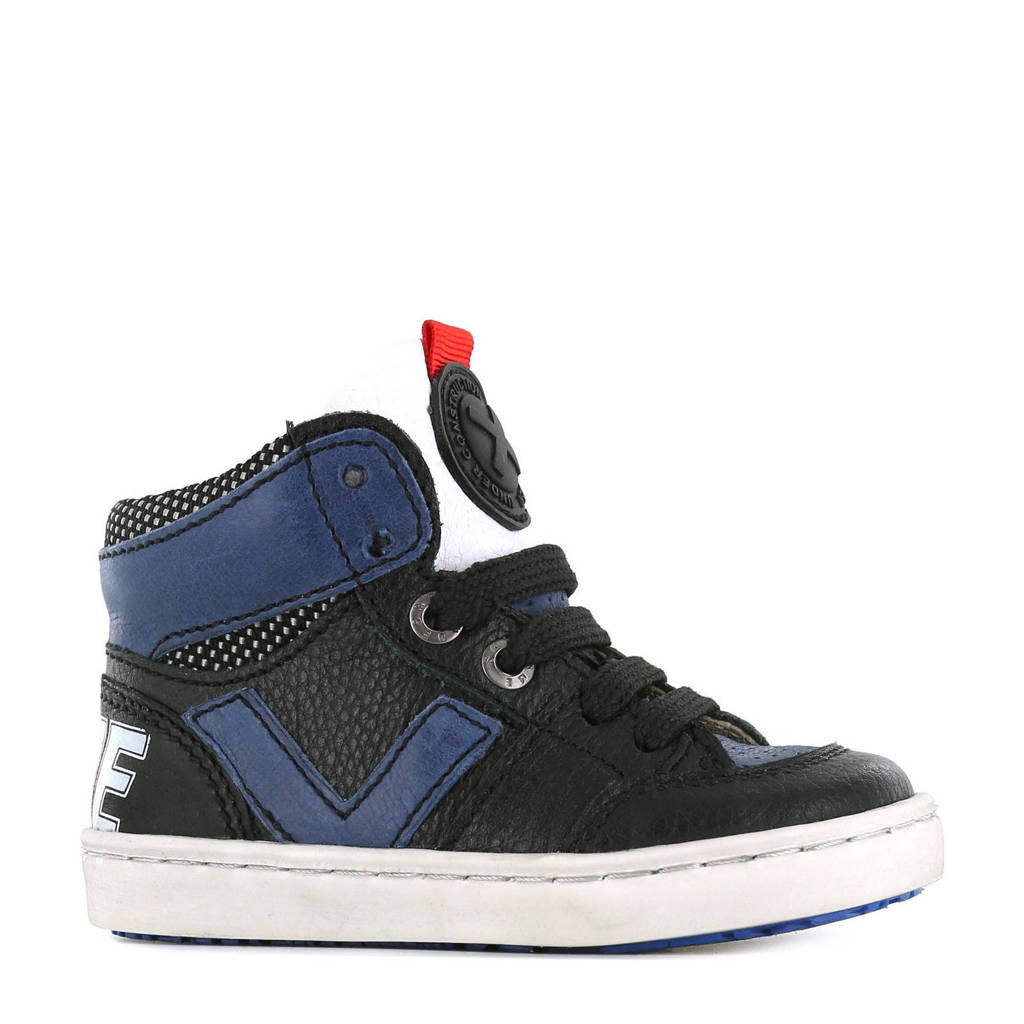Donkerblauwe jongens Shoesme UR21W047-C leren sneakers met rits- en vetersluiting