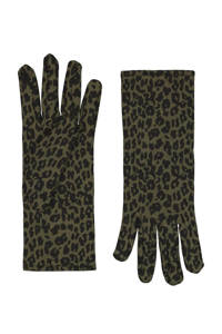 HEMA handschoenen met luipaardprint kaki, Kaki/zwart
