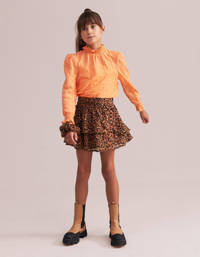 Oranje meisjes Shoeby Jill & Mitch gestreepte top Crinkle check van polyester met lange mouwen, opstaande kraag en ruches