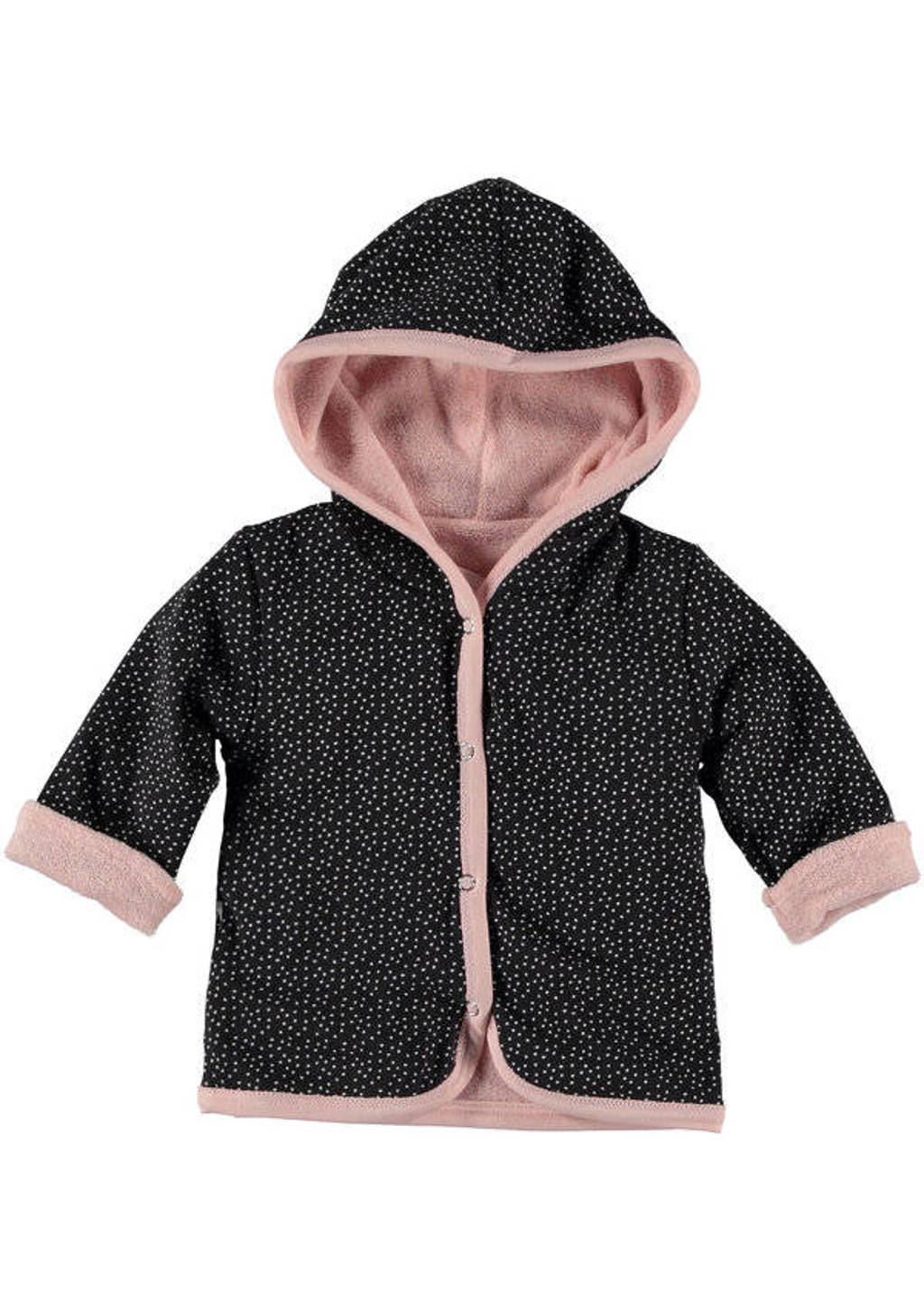 Roze en zwarte meisjes B.E.S.S baby reversible badstof vest . met meerkleurige print, lange mouwen, capuchon en drukknoopsluiting