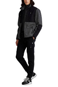 Zwart en grijze heren POLO Ralph Lauren vest van teddy materiaal met meerkleurige print, lange mouwen, opstaande kraag en ritssluiting