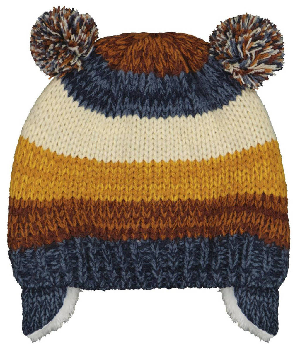 HEMA gestreepte muts met pompons multi, Bruin/blauw/oker