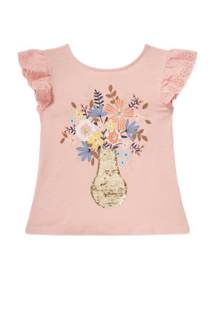 gebloemd T-shirt van biologisch katoen lichtroze