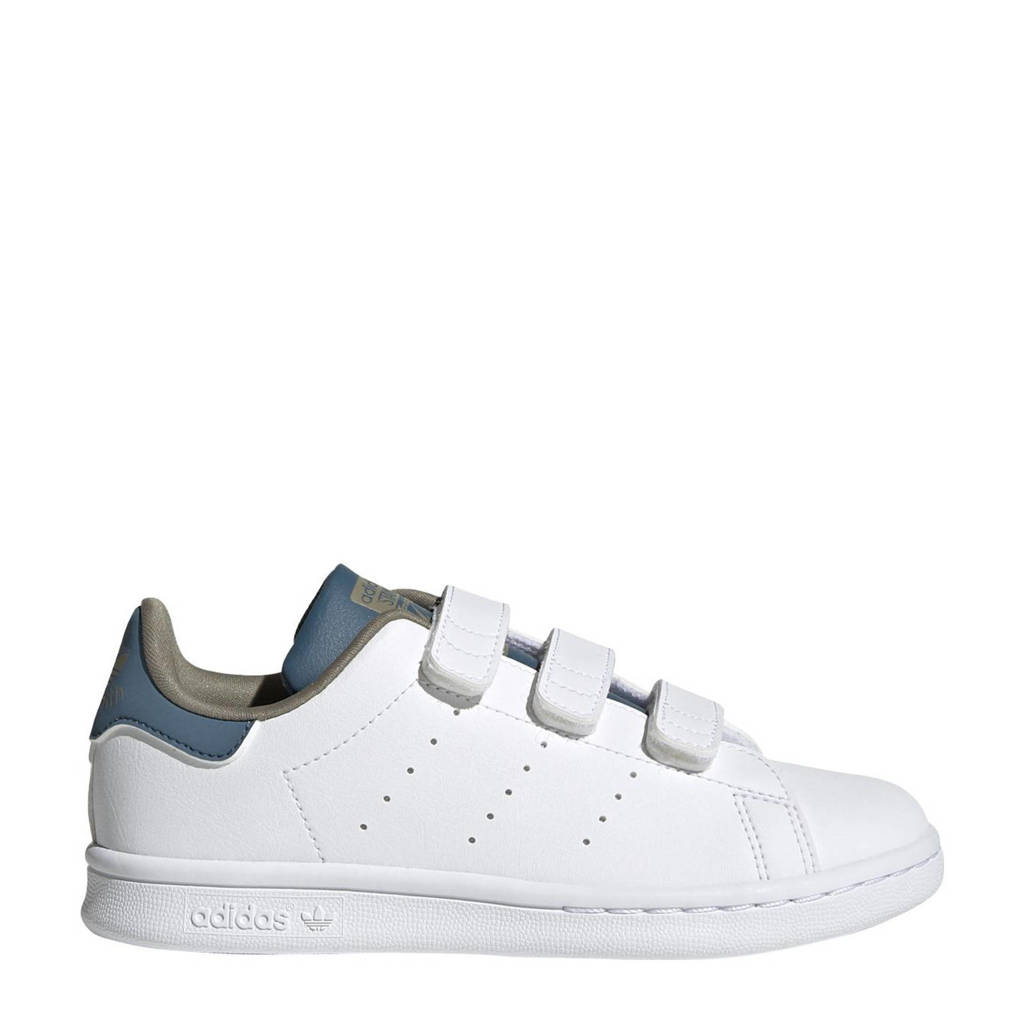Wit en lichtblauwe jongens en meisjes adidas Originals Stan Smith sneakers van gerecycled polyester met klittenband