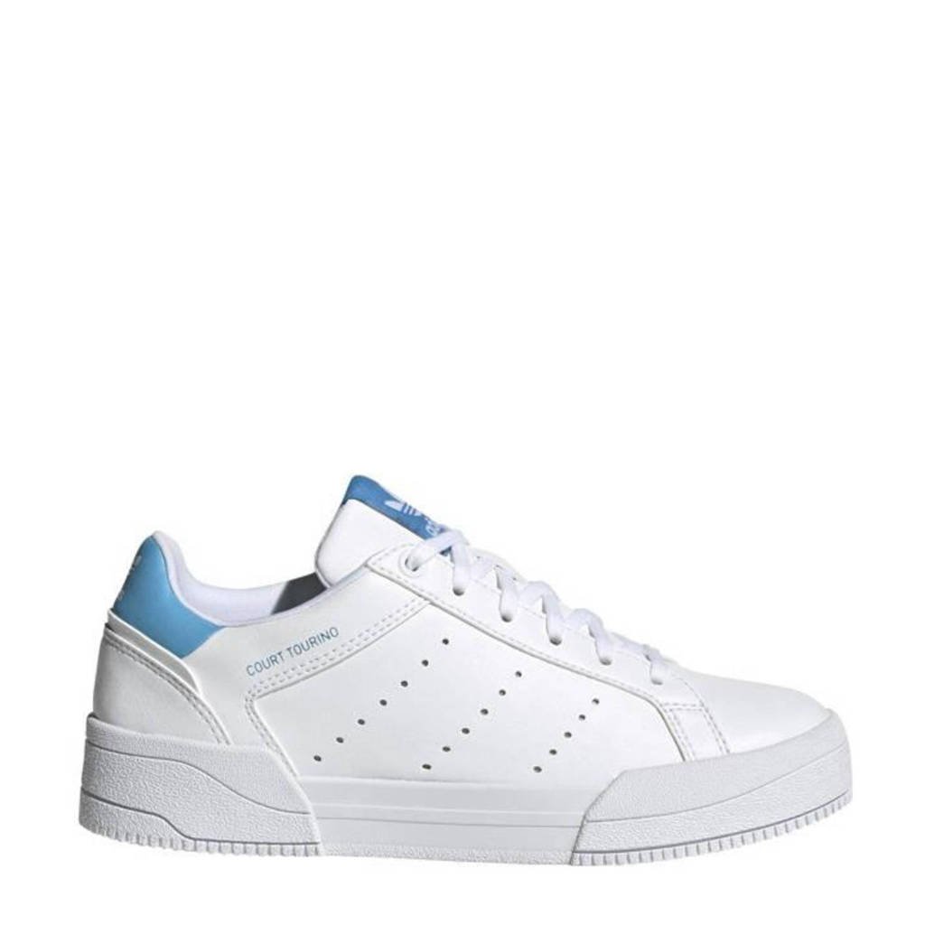 Wit en lichtblauwe jongens en meisjes adidas Originals Court Tourino sneakers van imitatieleer met veters