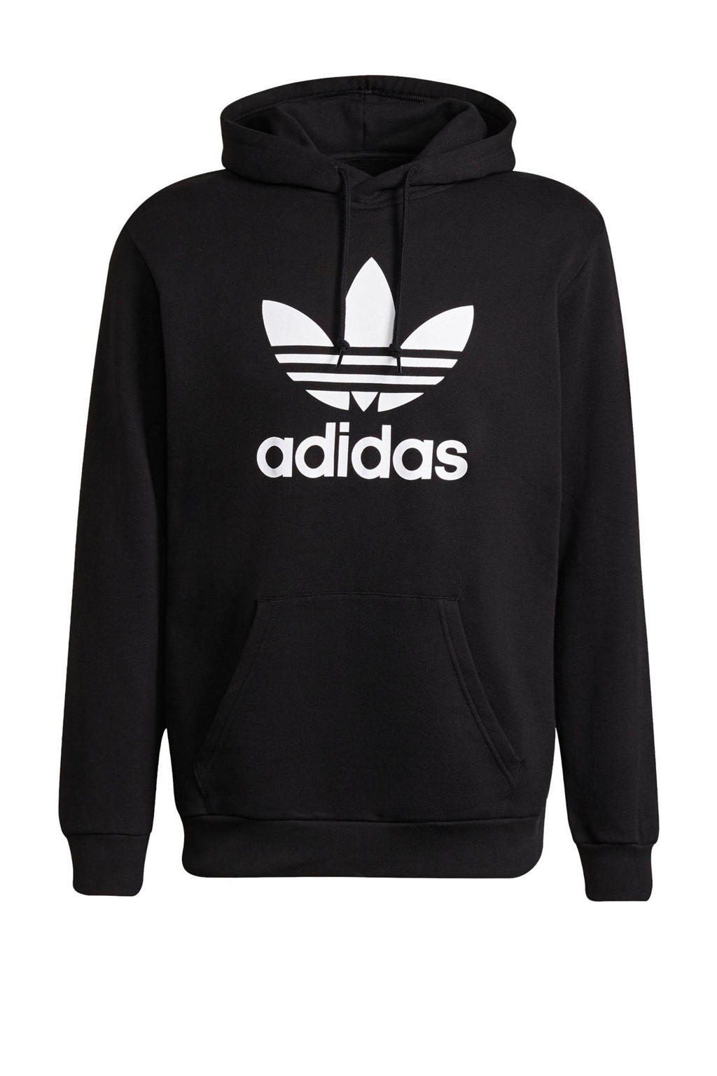Zwart en witte heren adidas Originals Adicolor hoodie van katoen met logo dessin, lange mouwen, capuchon en geribde boorden