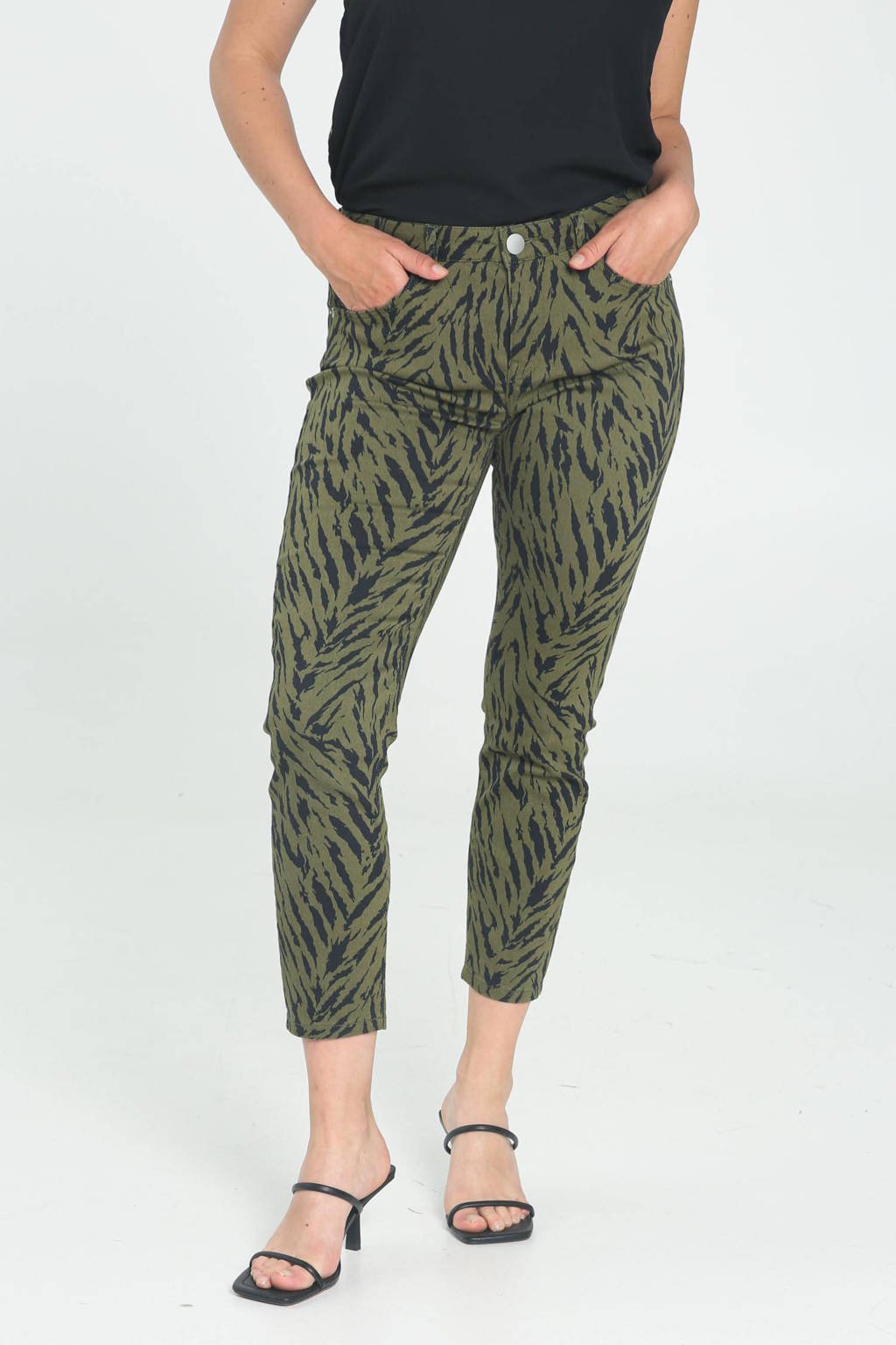Cassis cropped slim fit broek met all over print groen/zwart, Groen/zwart