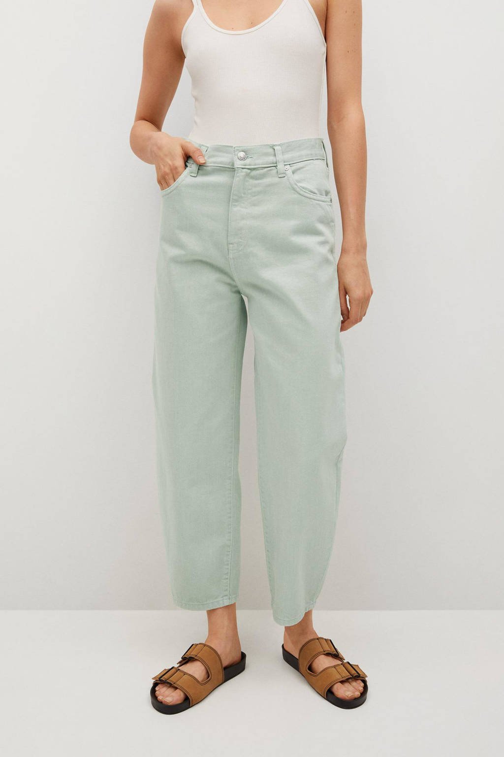Lichtgroene dames Mango cropped high waist mom jeans van denim met rits- en knoopsluiting