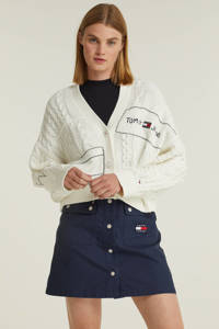 Witte dames Tommy Jeans gebreid vest van katoen met logo dessin, lange mouwen, V-hals en knoopsluiting