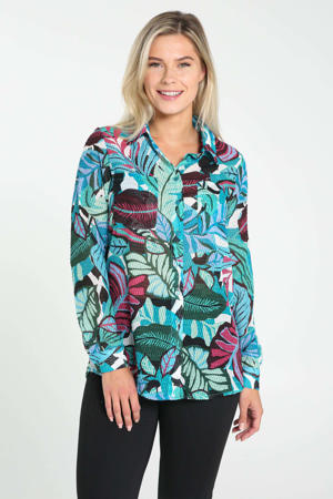blouse met bladprint turquoise/blauw/groen/koraalrood/bruin