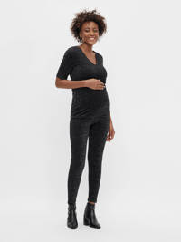 Zwarte dames MAMALICIOUS zwangerschapsshirt van polyester met half lange mouwen, V-hals en glitters