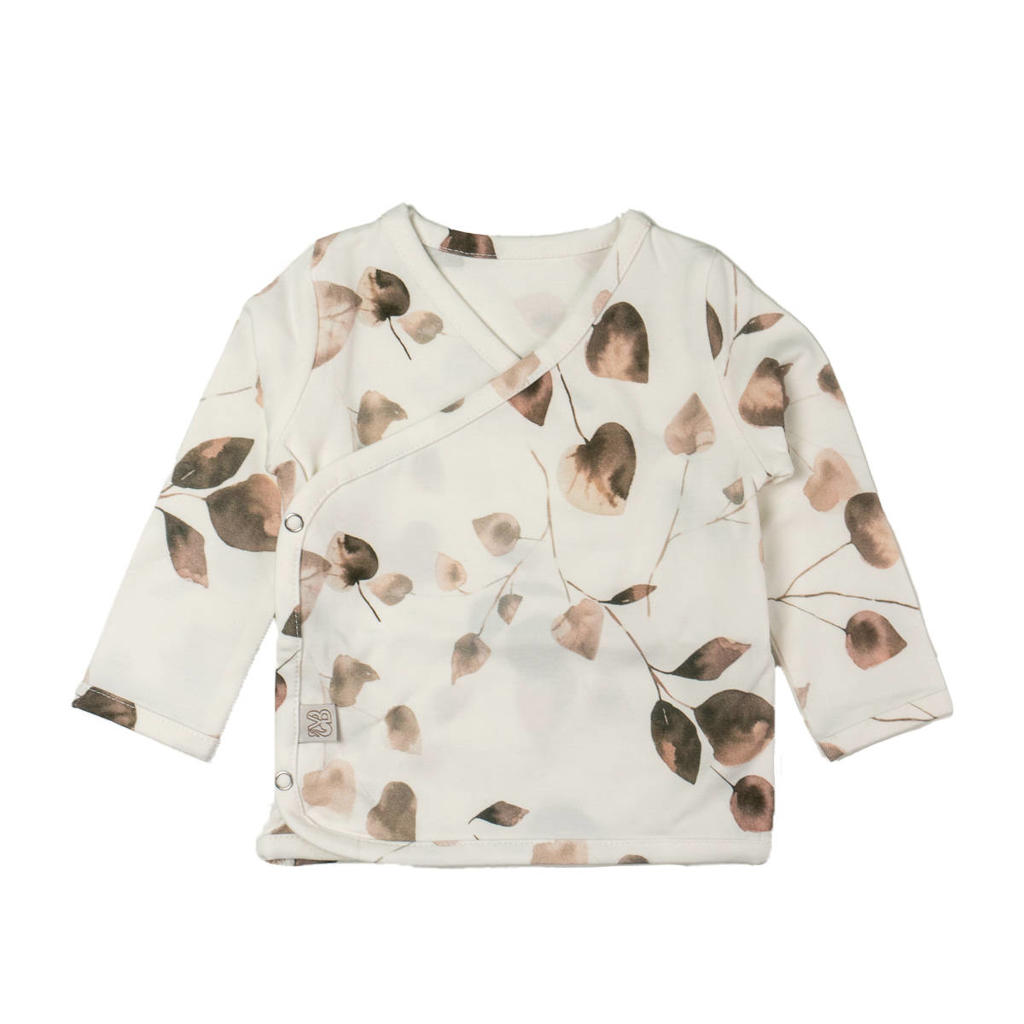 Off white, lichtbruin en bruine jongens en meisjes Yumi Baby newborn longsleeve Golden Hour van katoen met bladprint, lange mouwen, V-hals en drukknoopsluiting