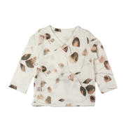thumbnail: Off white, lichtbruin en bruine jongens en meisjes Yumi Baby newborn longsleeve Golden Hour van katoen met bladprint, lange mouwen, V-hals en drukknoopsluiting