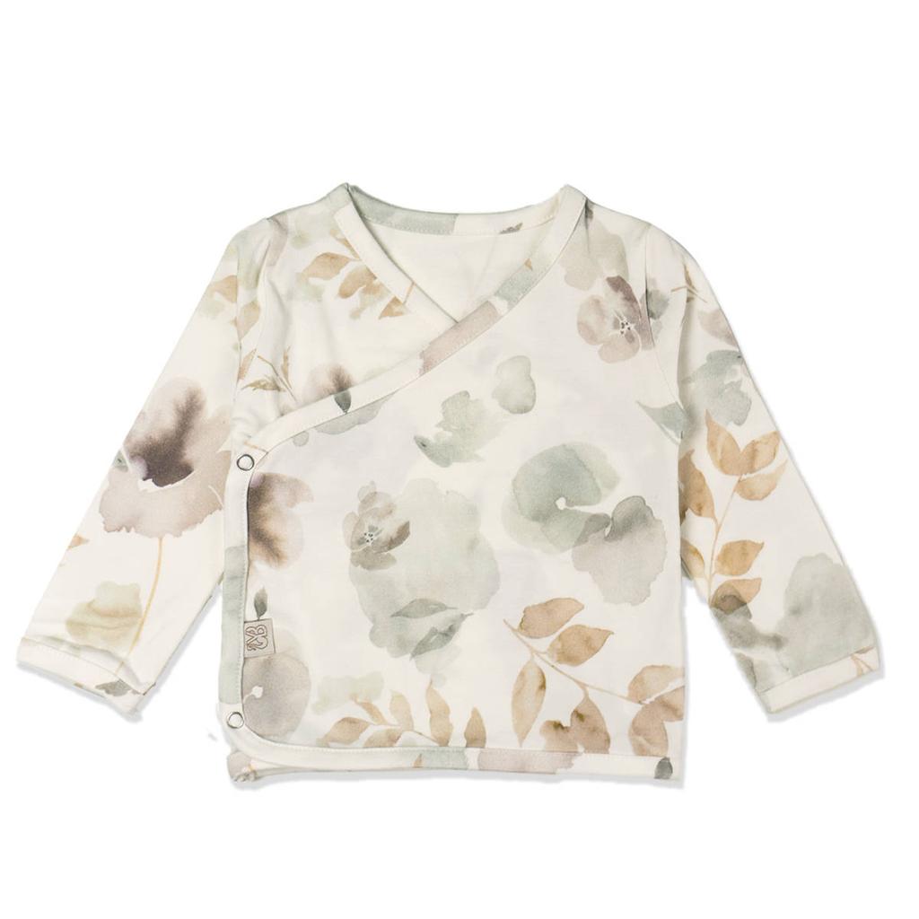Ecru, off white en lichtbruine jongens en meisjes Yumi Baby newborn longsleeve Magnolia van katoen met bladprint, lange mouwen, V-hals en drukknoopsluiting