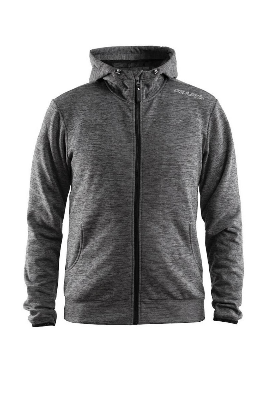 Grijze heren Craft sportvest Leisure melange van polyester met logo dessin, lange mouwen, capuchon en ritssluiting