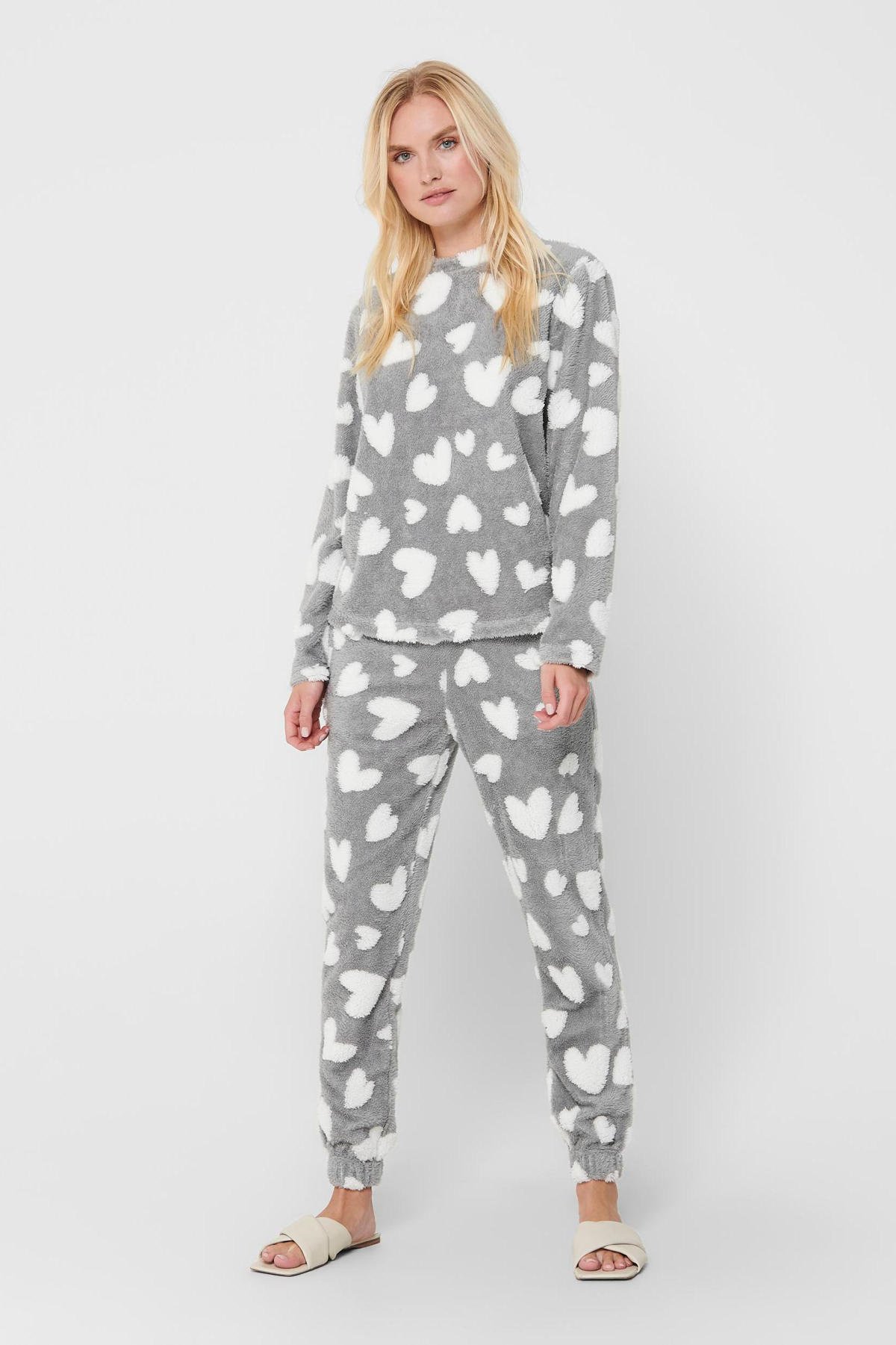Onzin Natura overschot ONLY fleece pyjama Caya met hartjes print grijs/wit | wehkamp