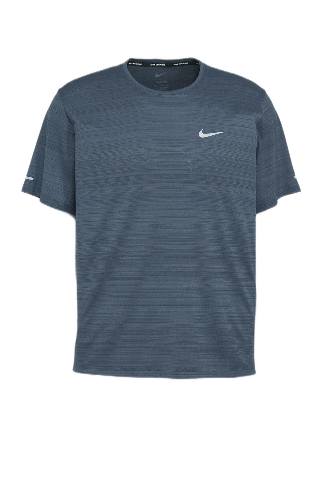 Donkerblauwe heren Nike hardloopshirt van polyester met korte mouwen en ronde hals