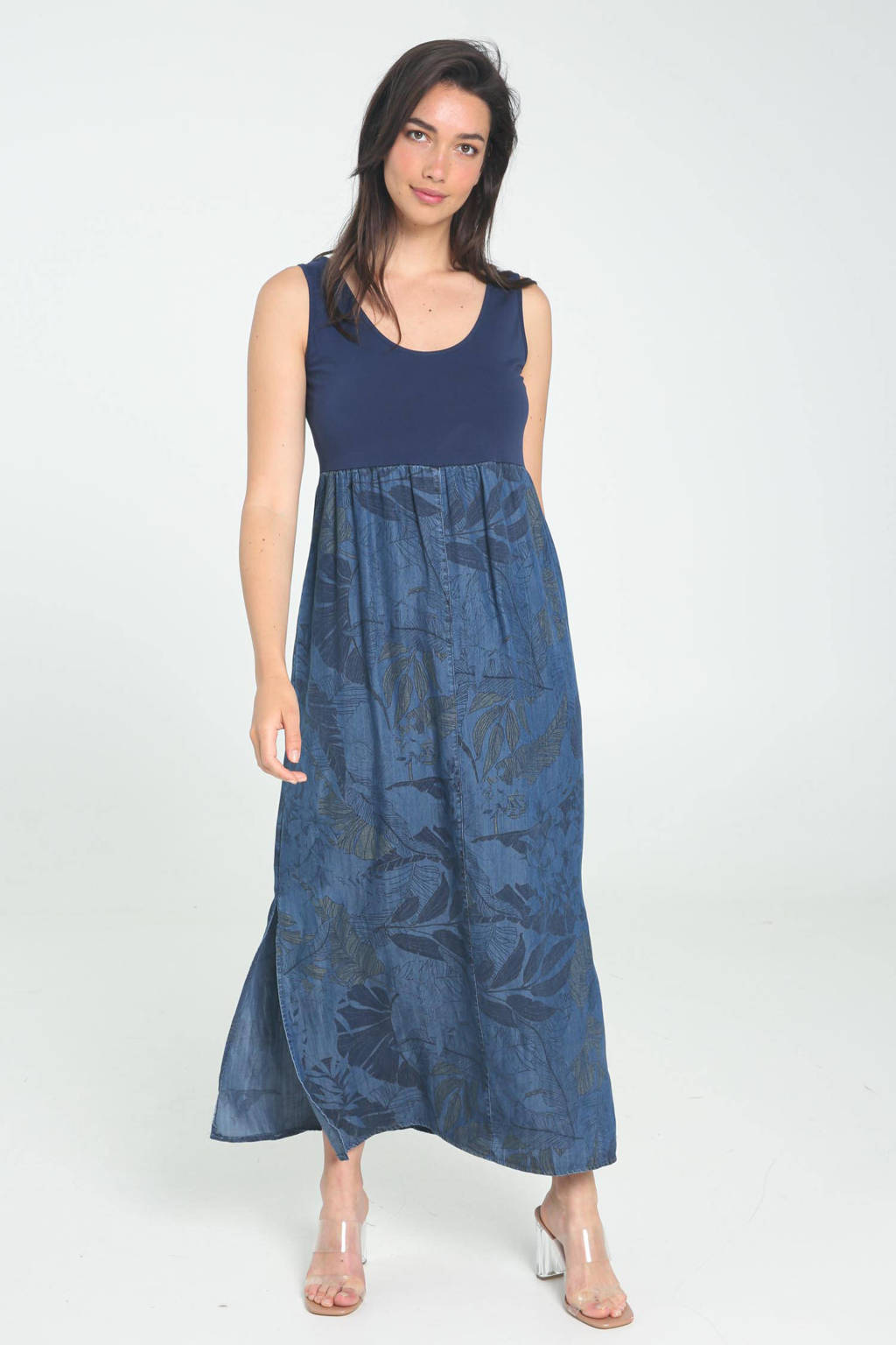 Cassis maxi jurk met bladprint donkerblauw, Donkerblauw