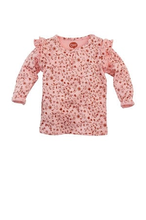 baby longsleeve Lima met all over print en ruches lichtroze/roestbruin