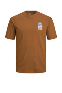 Bruine heren JACK & JONES ORIGINALS T-shirt van katoen met korte mouwen en ronde hals