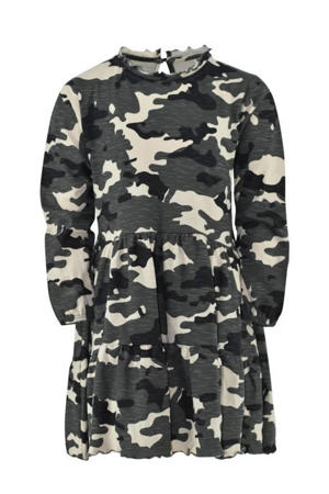 jurk Naomi met camouflageprint en ruches grijsgroen/zwart/beige