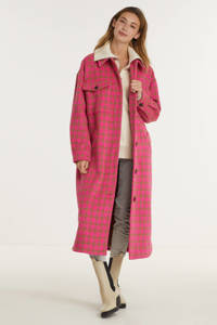 Roze en bruine dames Shoeby Eksept coat Lexie van polyester met pied de poule dessin, lange mouwen, klassieke kraag en knoopsluiting