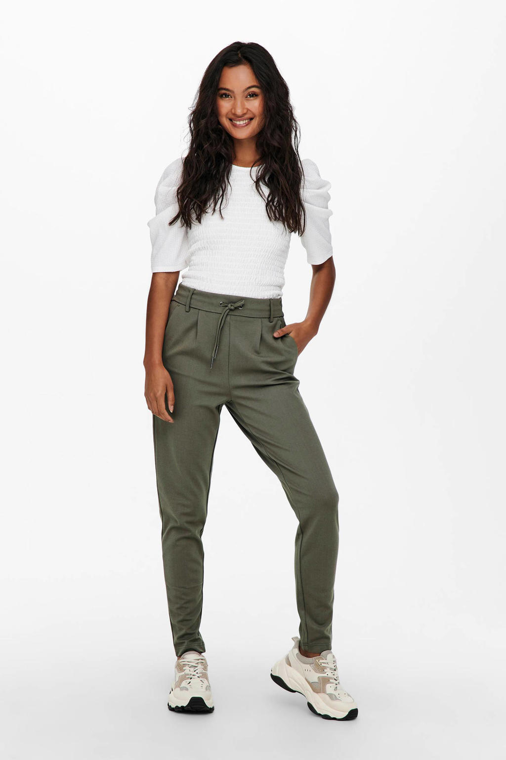 Grijze dames ONLY tapered fit broek regular van viscose met elastische tailleband met koord en effen