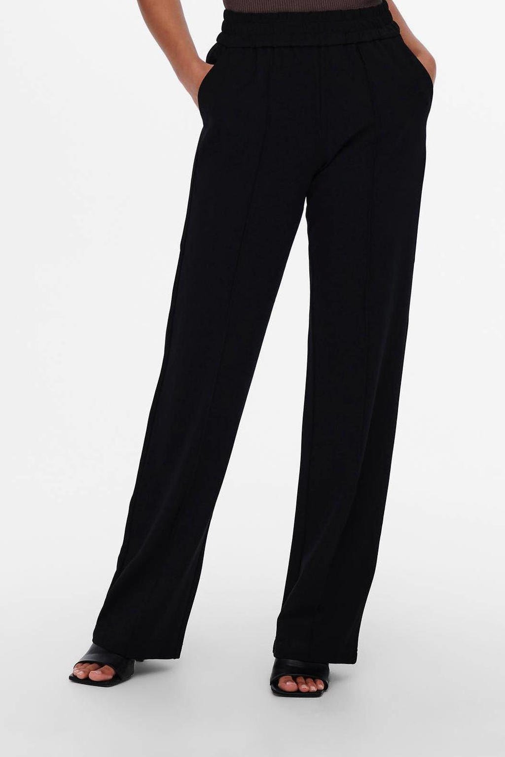 Zwarte dames ONLY wide leg palazzo broek van viscose met regular waist en elastische tailleband