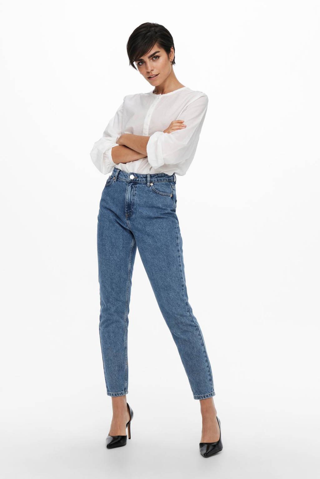 ONLY cropped high waist mom jeans ONLJAGGER medium blue denim