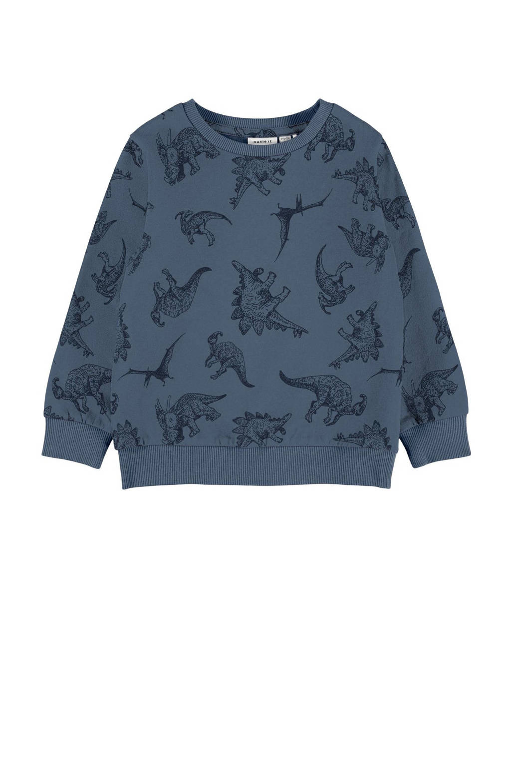 Blauwe jongens NAME IT MINI sweater met all over print, lange mouwen, ronde hals en geribde boorden